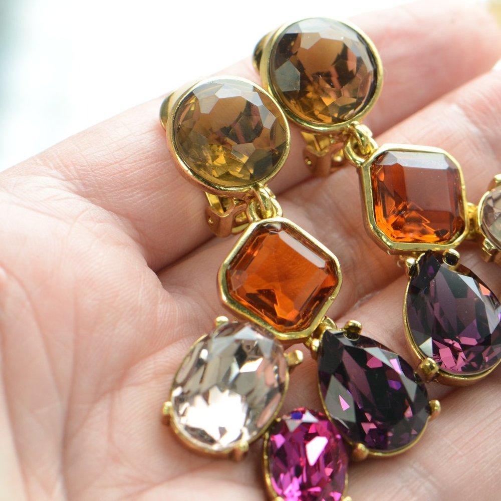 Oscar de la Renta Gold-tone Multi Stone Crystal Drop Clip Earrings - Picture 2 of 5